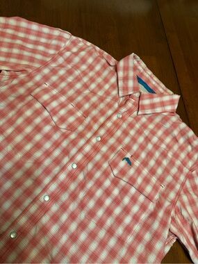 Simms Pearl Snap Plaid Check Vented Fishing Shirt Mens Medium Pink Logo Outdoor